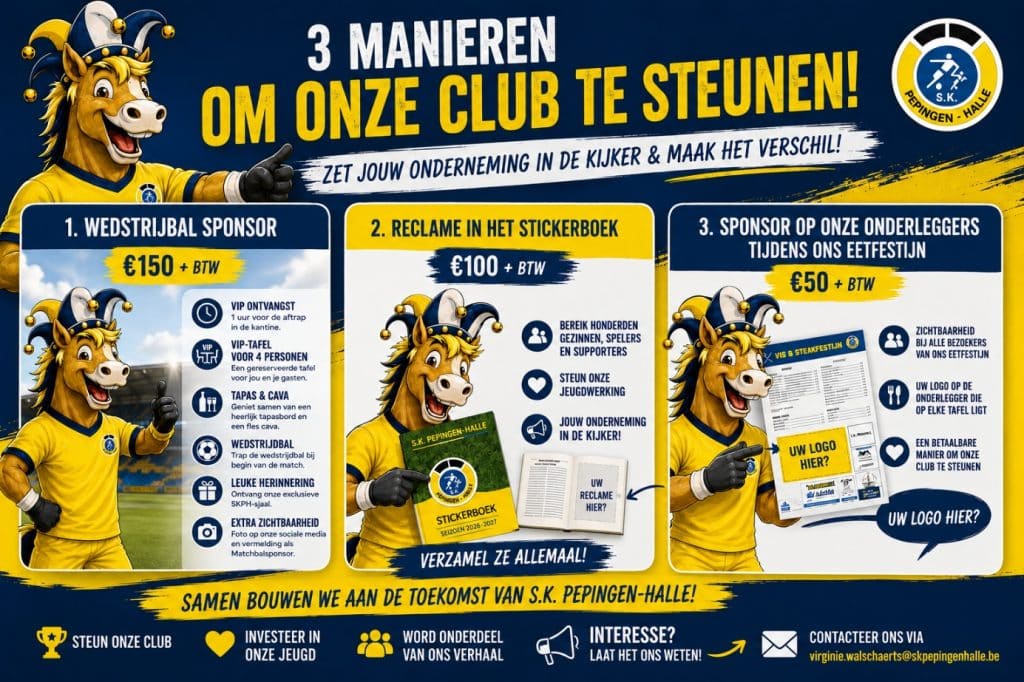 Sponsormogelijkheden SK Pepingen-Halle: wedstrijdbal, stickerboek en onderleggers
